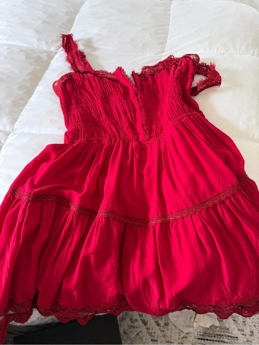 Red Lace-Trim Smocked Chemise Slip